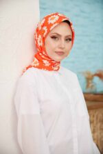 Açık Turuncu, Papatya Desenli | Dijital Eşarp - Görsel 3