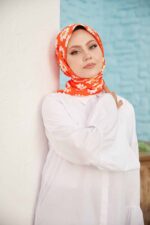 Açık Turuncu, Papatya Desenli | Dijital Eşarp - Görsel 2