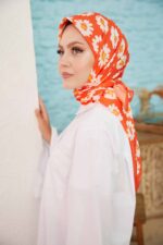 Açık Turuncu, Papatya Desenli | Dijital Eşarp