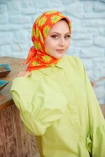 Turuncu, Papatya Desenli | Dijital Eşarp - Görsel 3